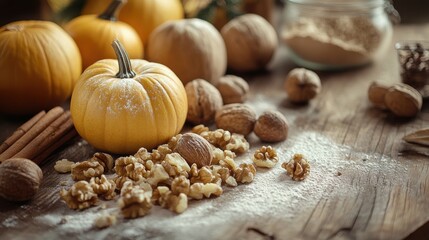 A cozy autumn baking backdrop, where pumpkins, crisp apples, and fragrant nuts, like golden acorns and cinnamon-dusted walnuts, lay scattered on a rustic wooden surface, inviting the creation of