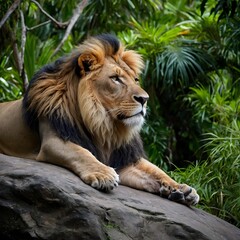 Obraz premium Majestic Panthera leo Sinhaleyus Relaxing on Rocks in the Lush Sri Lankan Jungle