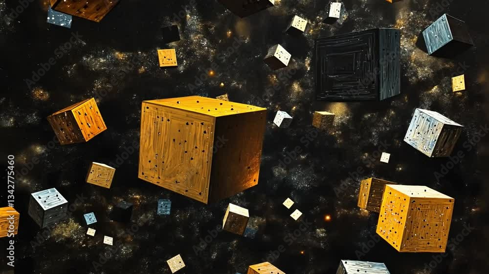 Aufkleber floating geometric cubes in cosmic space filled with colorful stars and galaxies create surreal and 