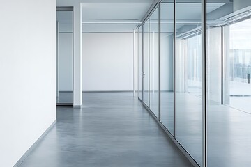 A row of glass doors leads to an empty room with white walls and gray floors, containing several server cabinets. 