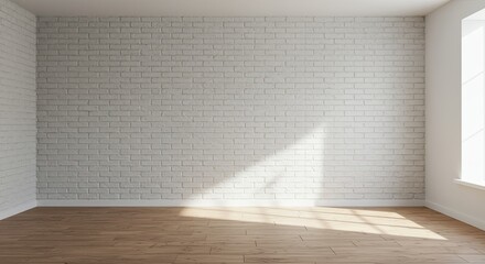 A large empty room with a white brick wall and wooden floor