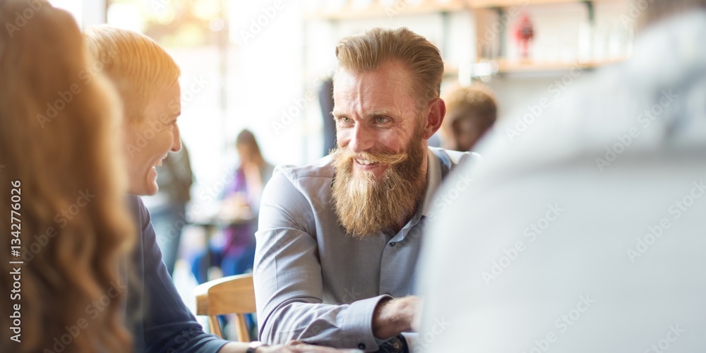 Aufkleber group of people socializing at a cafe. smiling caucasian man with beard engaged in conversation. cas