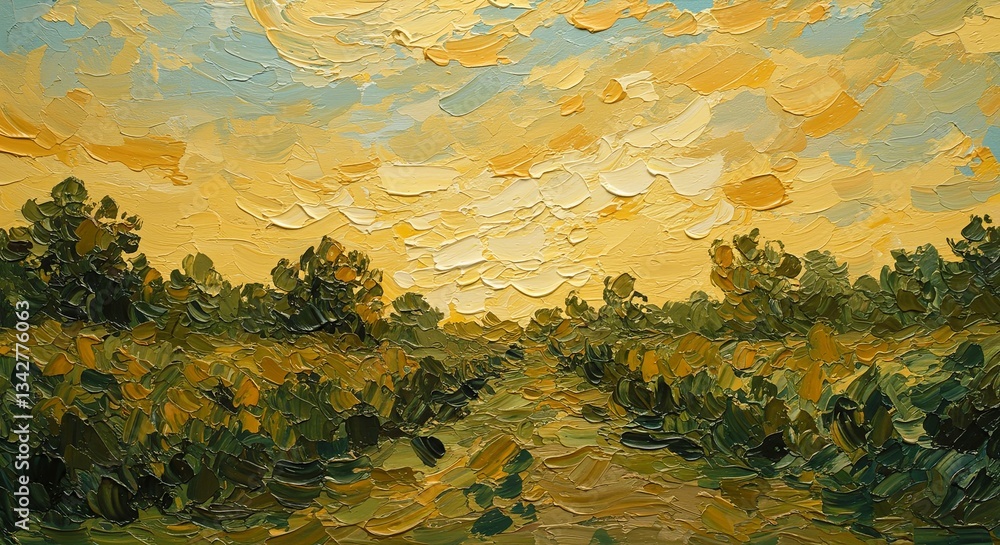 Poster A painting of a field with trees and a path
