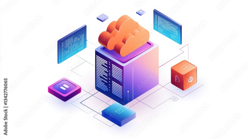 Poster futuristic cloud computing concept with data visualizations and icons