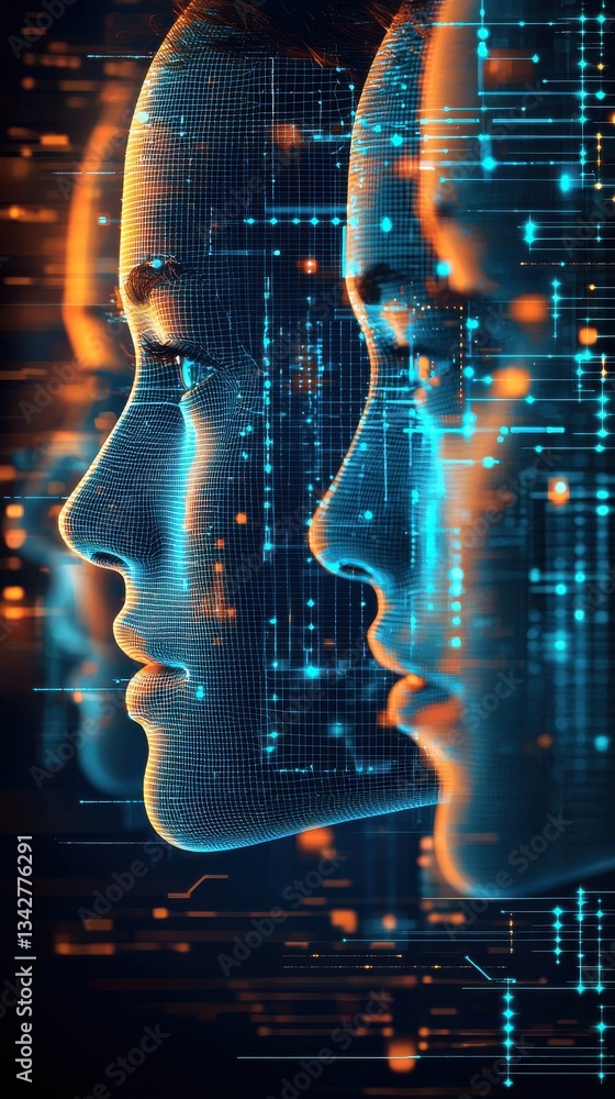Poster digital human faces with data flow and visualization effect