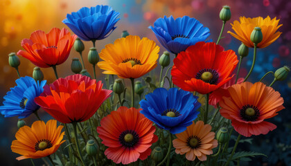 Obraz premium Vibrant field of colorful flowers blooming in a garden during sunset, showcasing a stunning array of natural beauty and tranquility