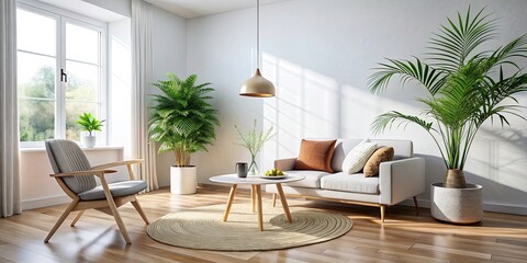 Scandinavian Minimalist Interior Design: Drone Photography of Bamboo Side Table & Palm Fronds