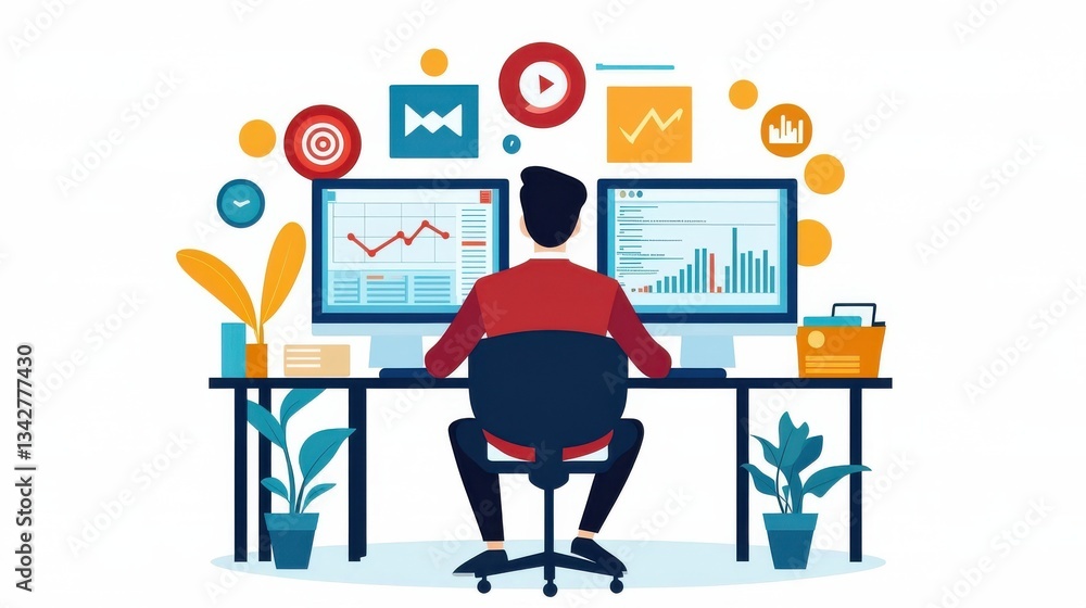 Poster professional business analyst working with data and graphs