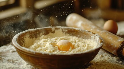 A warm, inviting scene of a baking kitchen, where golden flour swirls in a bowl, a cracked egg sits patiently, and a wooden rolling pin awaits its turn to transform simple ingredients into culinary