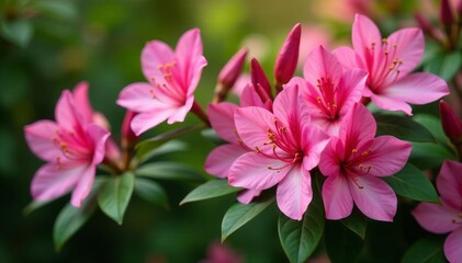 Fototapeta premium Beautiful pink azalea bush with fresh flowers against green leaves backdrop, Foliage, Vibrant, Blooms