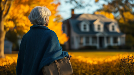 Elderly Woman Facing House in Autumn Light: Concept of Reverse Mortgage, Retirement Planning, and Secured Homeownership