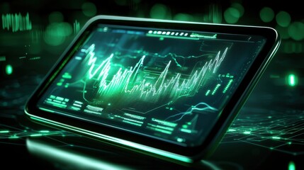 Modern Tablet Displaying Financial Data with Green Graphs and Charts