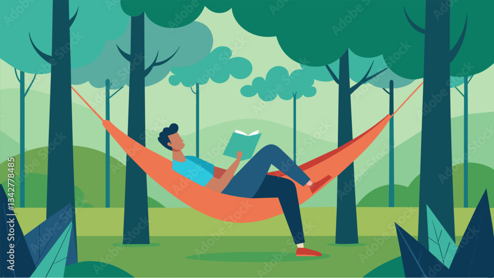 Poster a man lying in a hammock strung between two trees reading a book and enjoying the gentle sway of the