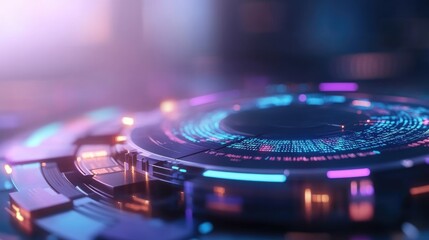 Futuristic technology interface, close-up, glowing panels, circular display