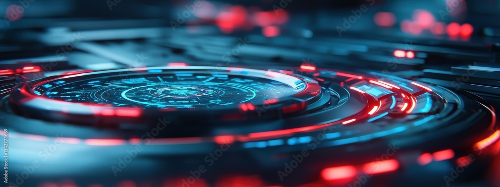 Poster futuristic technology interface with neon lights and digital circuits