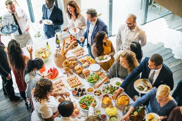 A diverse group of people enjoying a vibrant buffet spread. Men and women of various ethnicities...