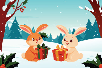 -cartoon-rabbits-exchanging-gifts-in-a-snowy-meado.eps