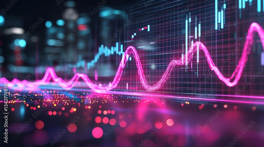 Poster a vibrant visualization of digital data trends, showcasing dynamic graphs and colorful lights agains