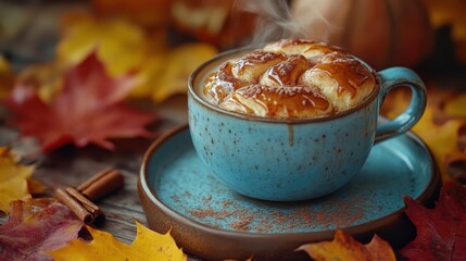 A cozy autumn backdrop, adorned with a steaming mug of rich coffee and a cinnamon-glazed bun, inviting warmth and comfort amidst the changing colors of the season.