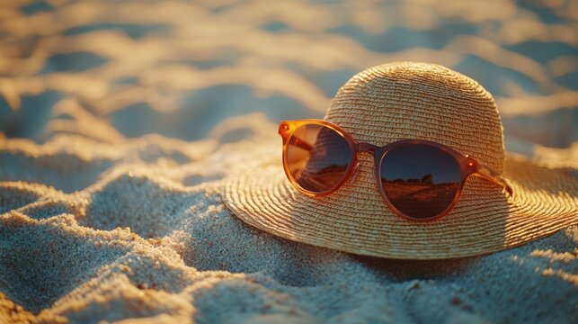A vibrant summer day unfolds on a sun-kissed beach, where a trio of essentials a sunblock-drenched skin, a pair of stylish sunglasses, and a straw hat shield against the sun is rays, promising a day