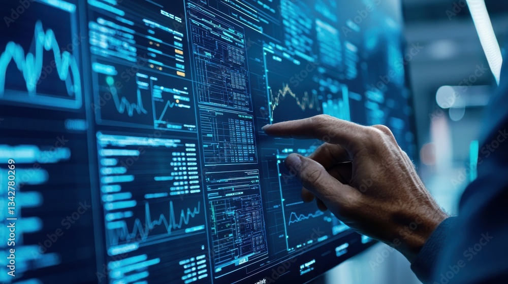 Poster analyzing financial data on digital dashboard with touchscreen interface