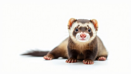 Ferret on white background, showcasing its curious expression and playful nature. This adorable creature captivates with its charming features
