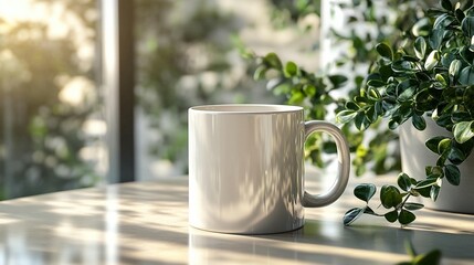 Obraz premium White Mug, Sunny Morning, Plants