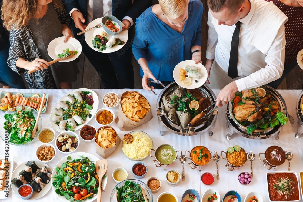 Poster a diverse group of people enjoying a buffet with various dishes. the buffet includes salads, meats, 