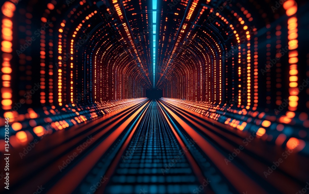 Poster a vibrant, illuminated tunnel with glowing lines, creating a dynamic and futuristic visual effect.