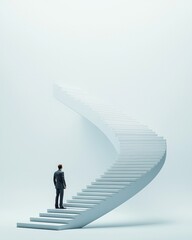 Man contemplating infinite stairs minimalistic space inspirational imagery abstract concept perspective of growth