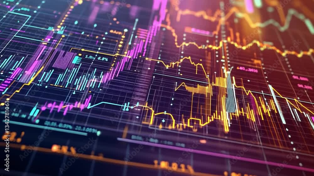Poster colorful financial data visualization showcasing graphs and charts that highlight trends, fluctuatio
