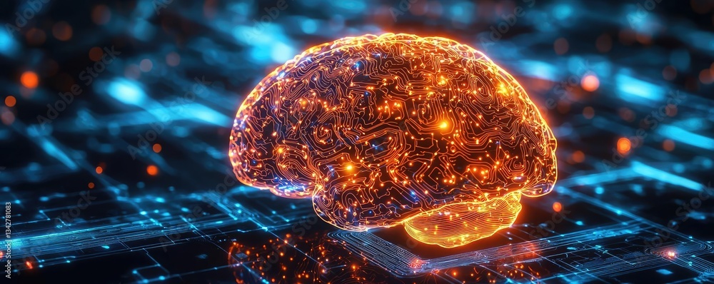 Poster artificial intelligence brain network and database concept. futuristic glowing brain on a digital ba