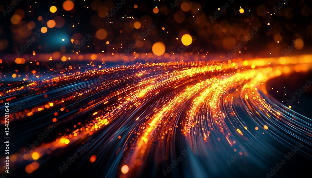 Poster a vibrant abstract image featuring flowing lines of light and glowing particles, creating a sense of