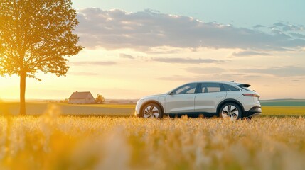 Fototapeta premium Modern Electric SUV in Serene Nature During Sunset Golden Hour