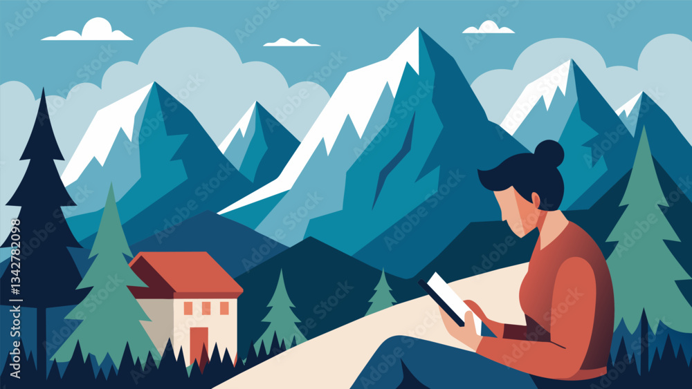 Poster a mountain retreat nestled a towering pines where pens glide effortlessly across pristine notebook p