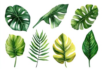 Set of watercolor Exotic Jungle Leaves hand drawn on a white background