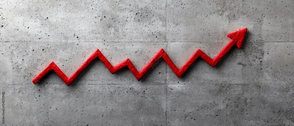 Poster a red zigzag line representing upward trends on a textured gray wall, symbolizing growth and progres