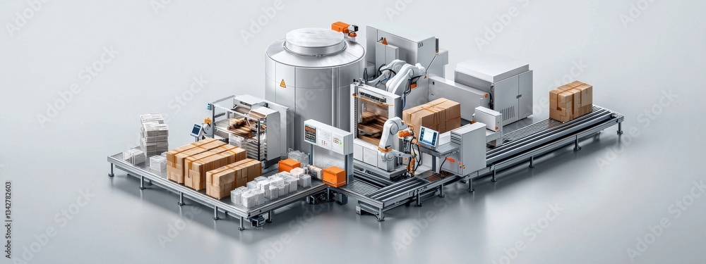 Poster modern automated industrial production line with robotics and packages