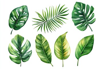 Set of watercolor Exotic Jungle Leaves hand drawn on a white background