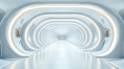 Naklejka premium Futuristic White Corridor with Glowing Lights and Sleek Design