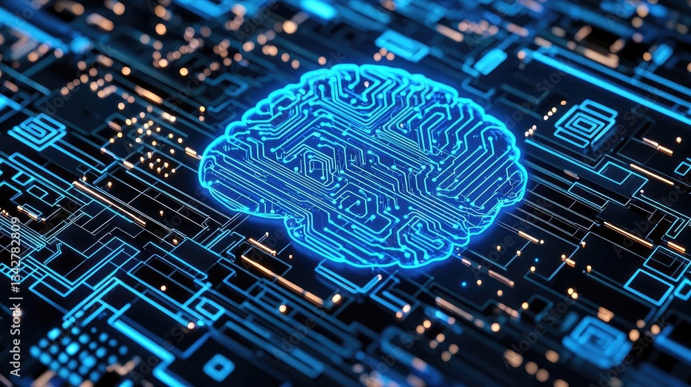 Poster artificial intelligence brain network and database concept. abstract digital illustration of a glowi