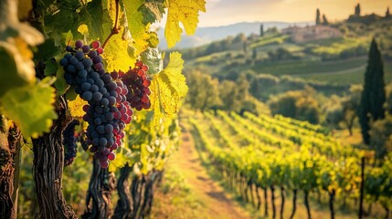Bountiful Vineyard Harvest in the Picturesque Tuscan Countryside Landscape, Capturing the Essence of Rich Tradition and Natural Beauty