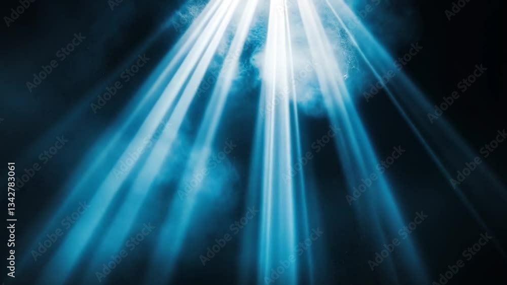 Poster mysterious blue light beams shining through dark clouds create ethereal atmosphere, evoking sense of