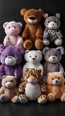 Colorful teddy bears arranged on a black surface