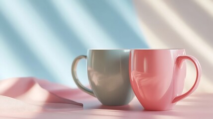 Fototapeta premium Two colorful mugs on a soft surface with gentle lighting.