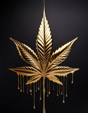 Golden marijuana leaf dripping liquid metal against black backdrop evokes luxury and modern style, with a bold, elegant design.