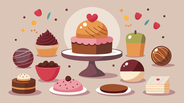 A tasting menu featuring a variety of chocolate treats from delicate macarons to decadent truffles curated for the ultimate luxury chocolate tasting. Vector illustration