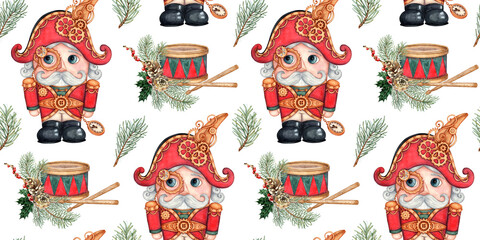 Nutcracker drum, fir branches, pine cones watercolor illustration in steampunk style, hand drawn. Christmas, New Year seamless pattern isolated from background.