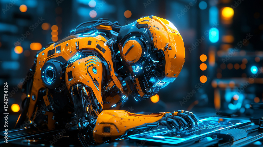 Poster a futuristic robot with a sleek orange design is intently working on a computer, surrounded by a hig