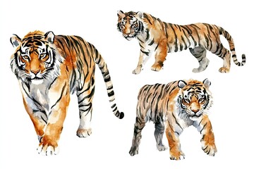 Fototapeta premium Set of watercolor fierce tigers hand drawn on a white background